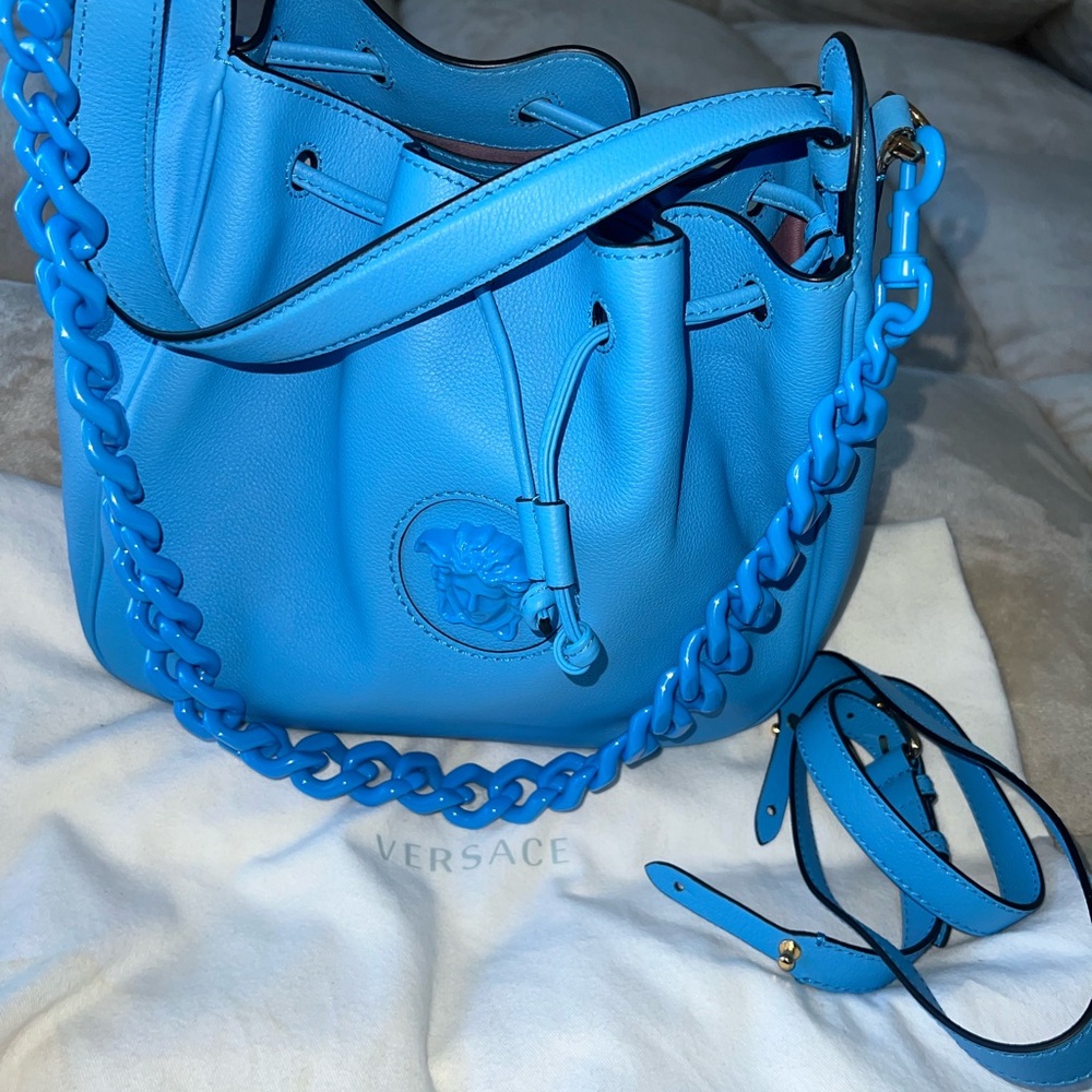 Versace Blue Shoulder Bag with Braided Detail and Silver Hardware